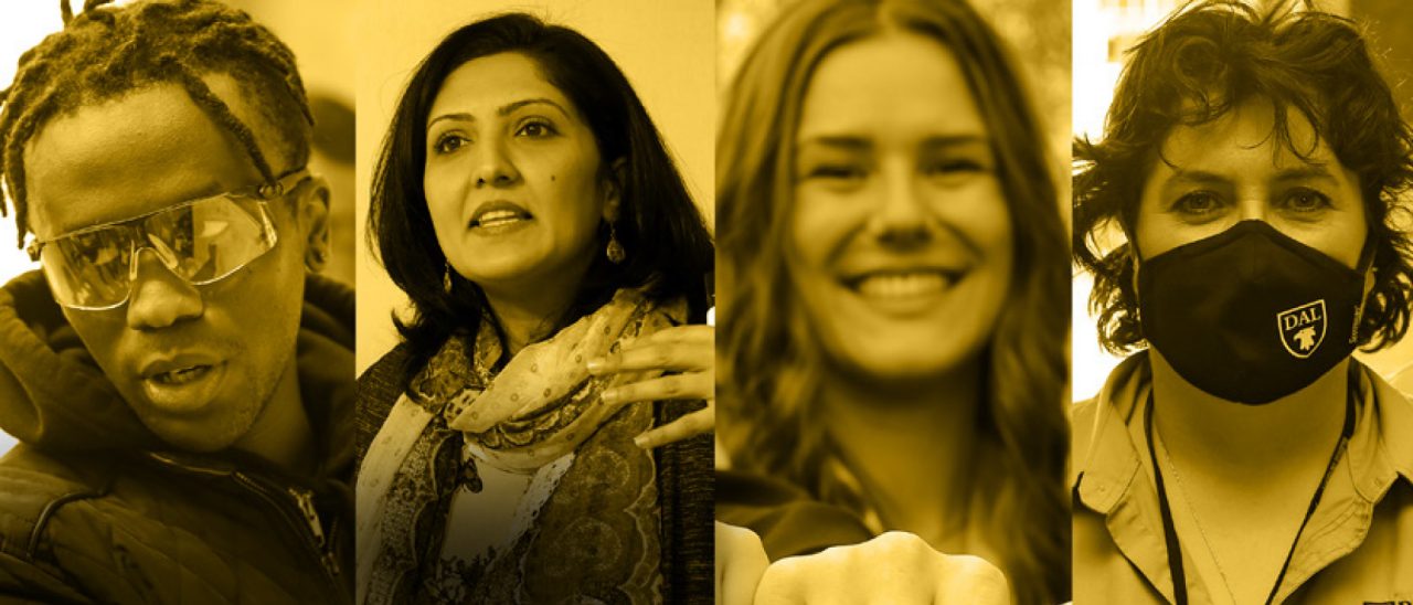 Third Century Promise (2021-2026) Collage with gold overlay showing four portraits of people at Dalhousie.
