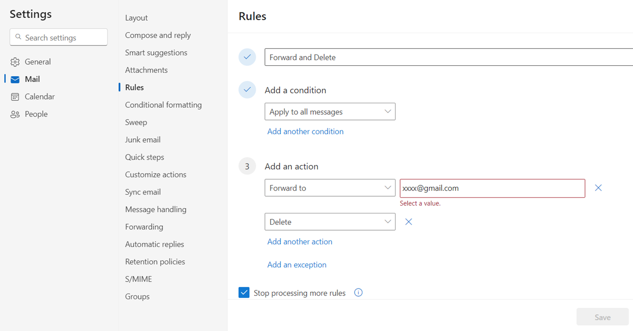 Screenshot of how to add a rule in Outlook.