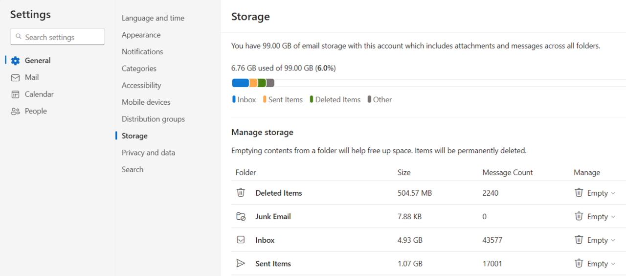 Screenshot of how to sweep Outlook mailbox.